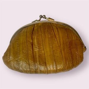 Genuine Eel Skin Leather Vintage Clutch Bag Change Purse Camel Brown Kiss Lock